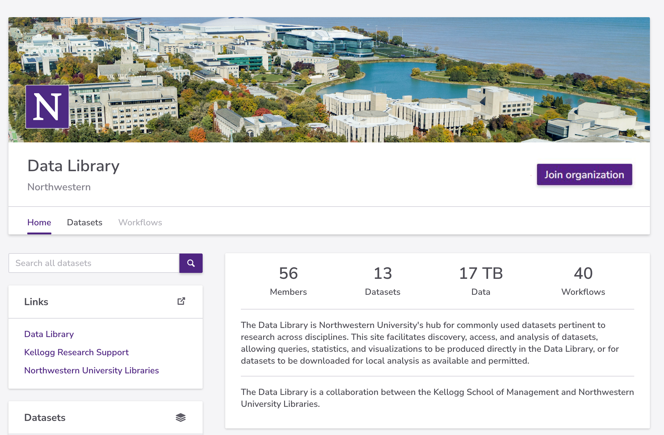 Northwestern Redivis organization page showing the Join organization button