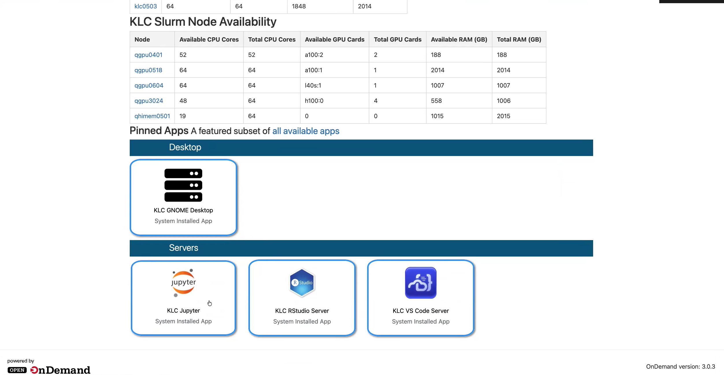 KLC OnDemand pinned apps: GNOME Desktop, Jupyter, RStudio Server, VS Code Server
