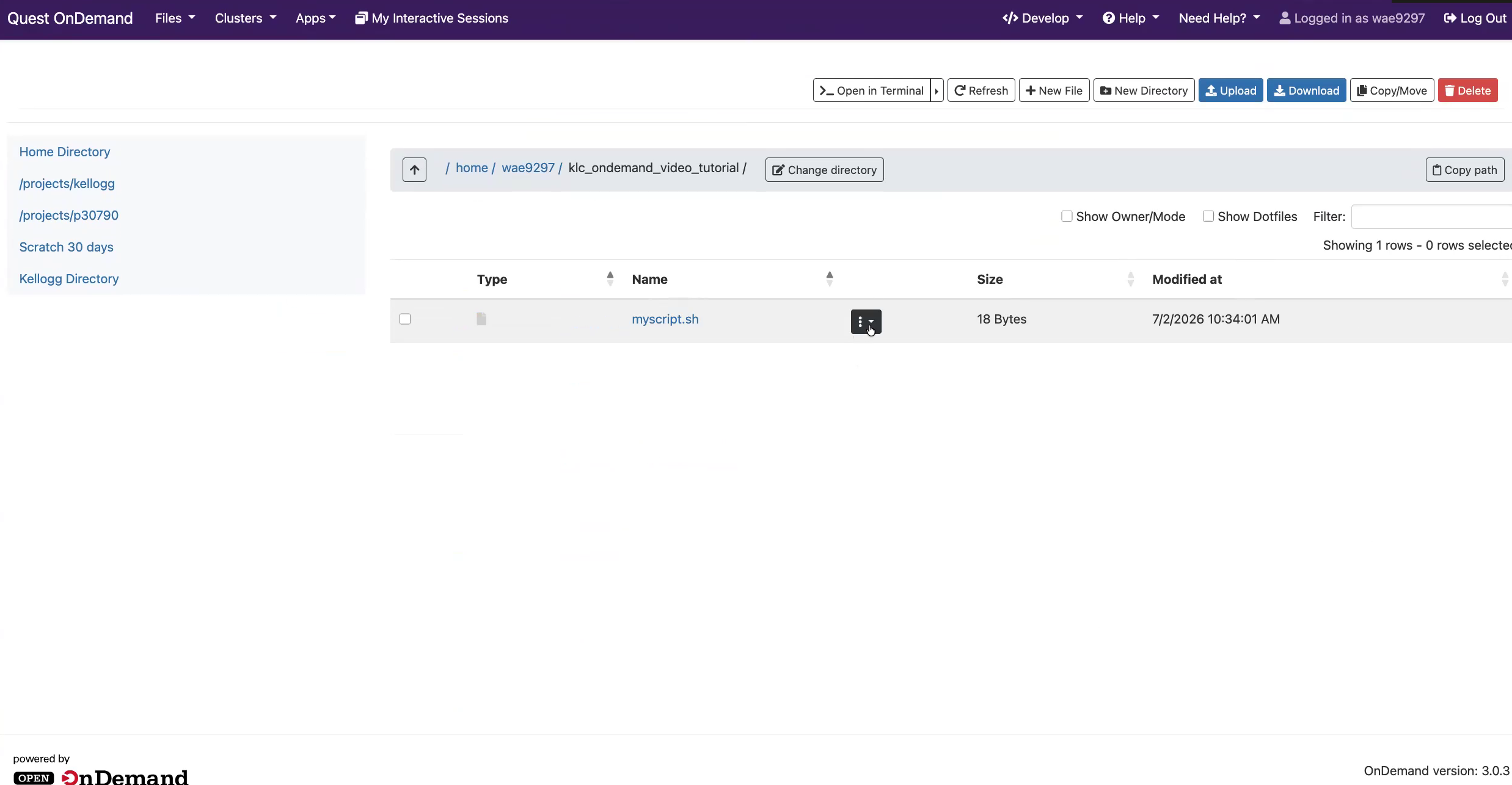 KLC OnDemand File Manager showing home directory contents