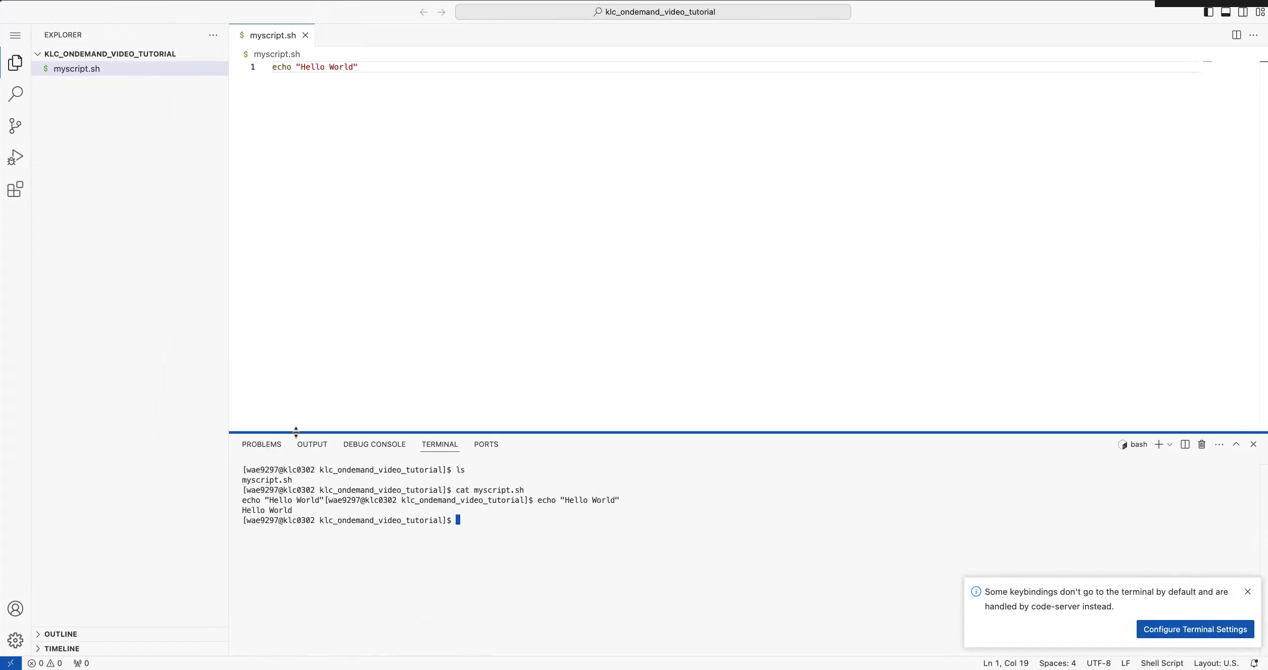 VS Code Server in the browser with an integrated terminal running on klc0302