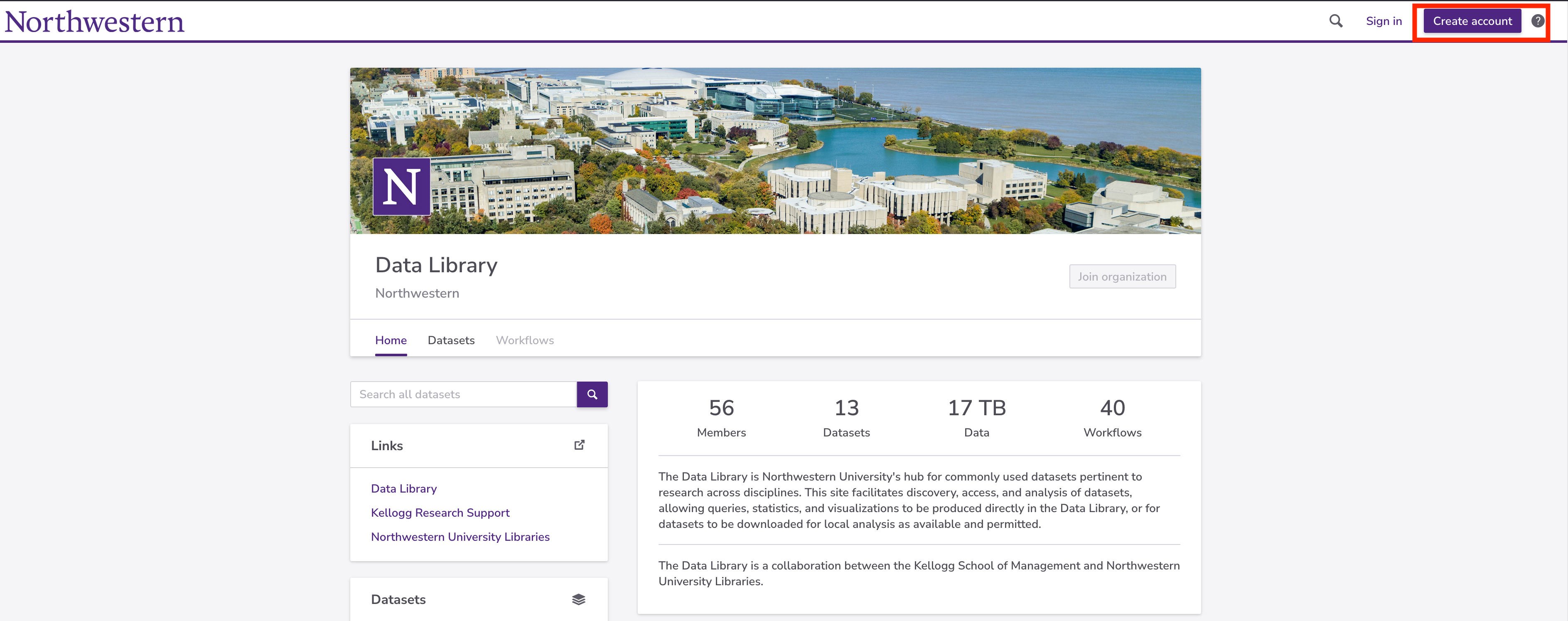 Northwestern Redivis Data Library page with the Create account button highlighted