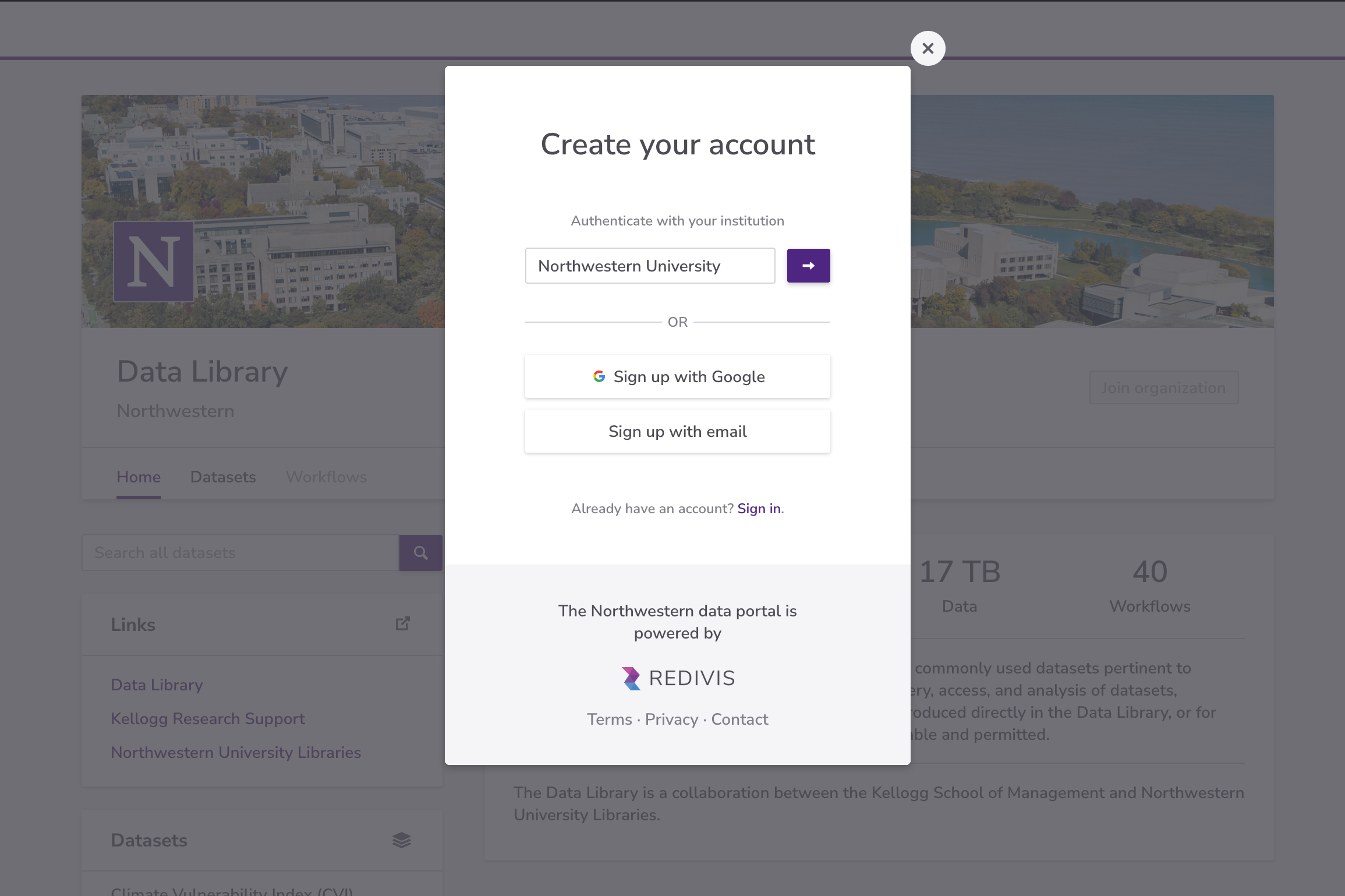 Sign in to Redivis with your Northwestern University account
