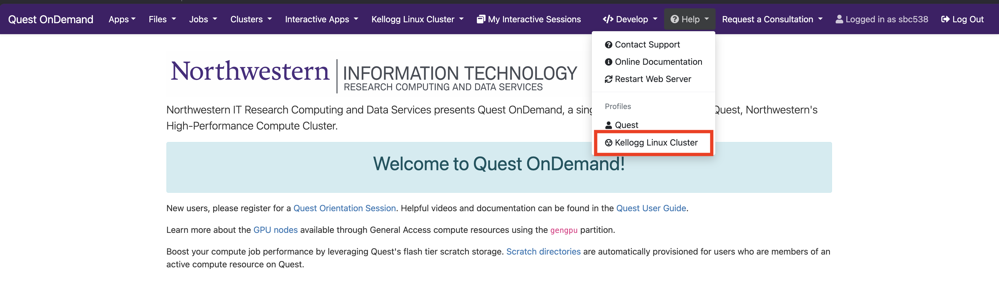 Help menu with Kellogg Linux Cluster highlighted