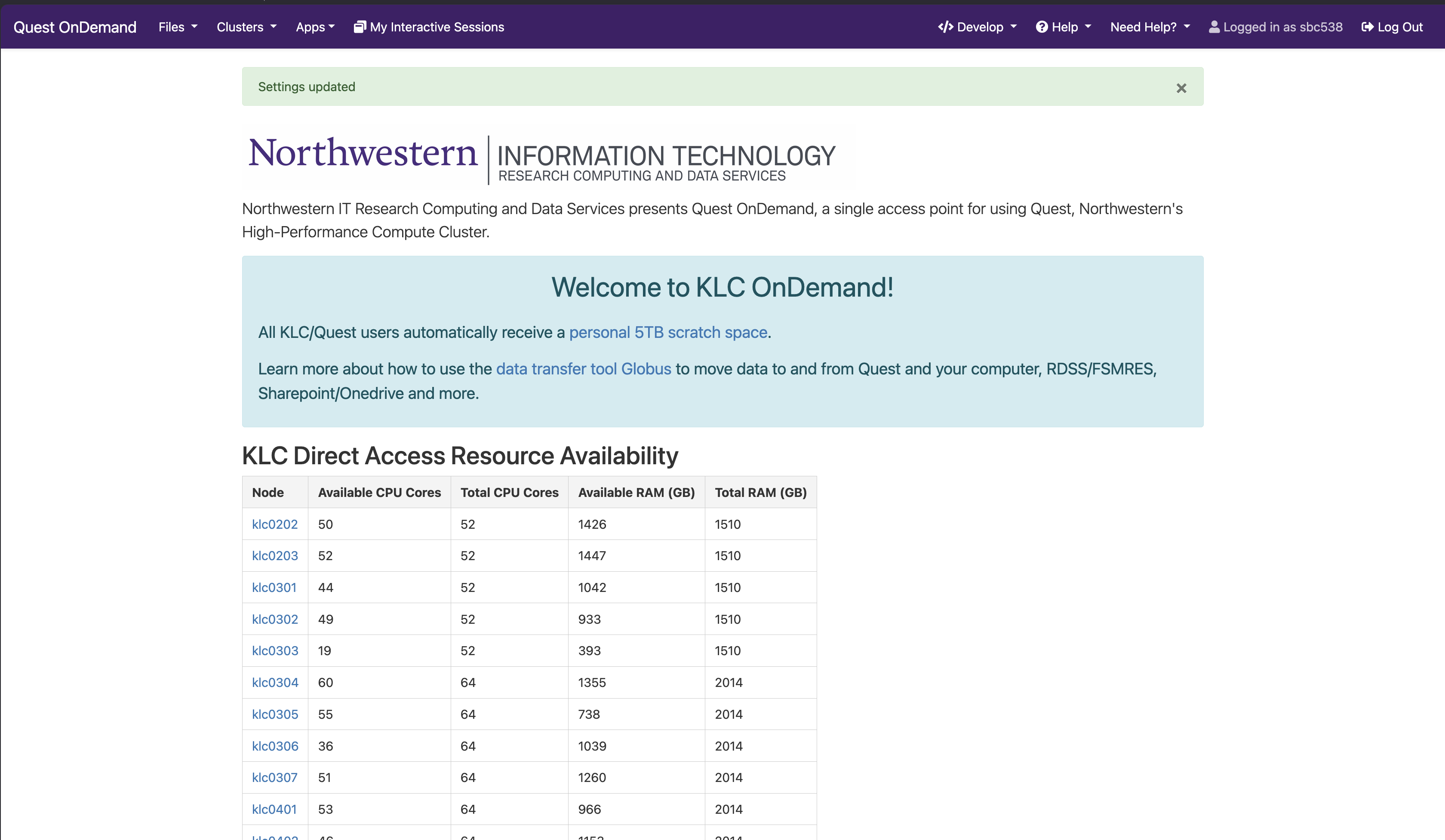 KLC OnDemand landing page with the direct-access node table