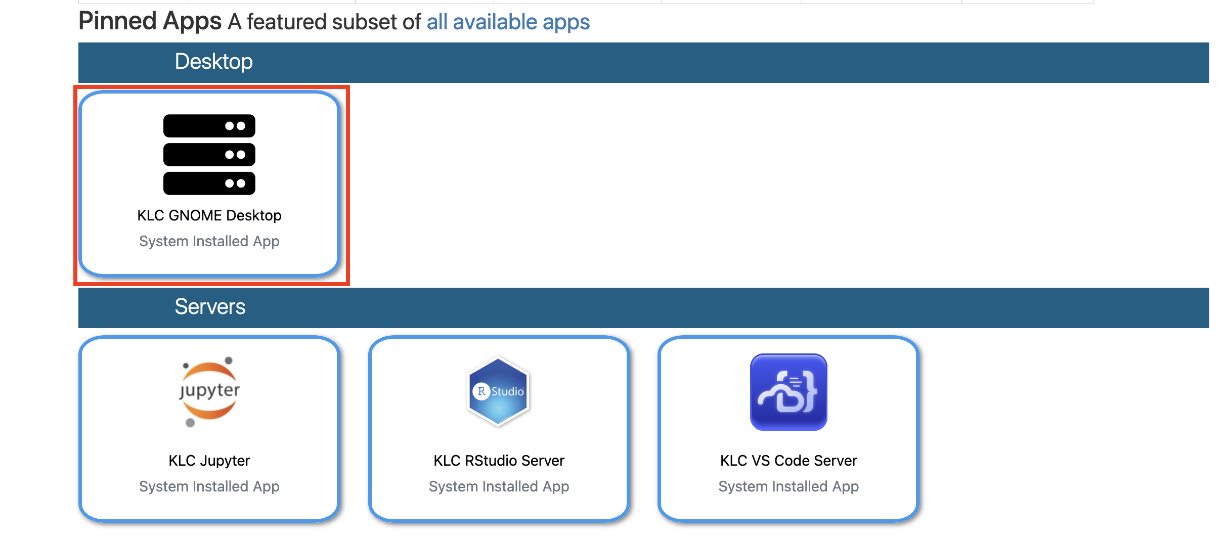 Pinned Apps with KLC GNOME Desktop highlighted