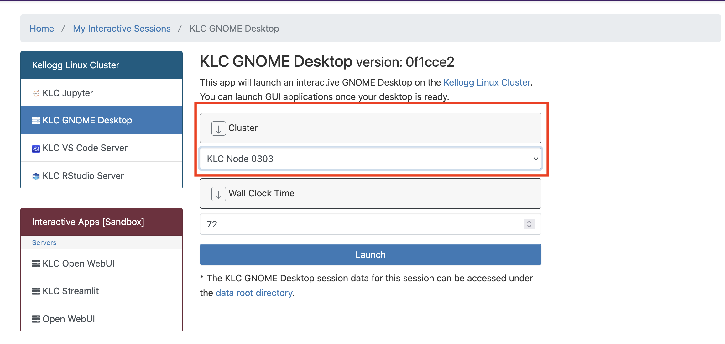 KLC GNOME Desktop launch form with a node and wall-clock time