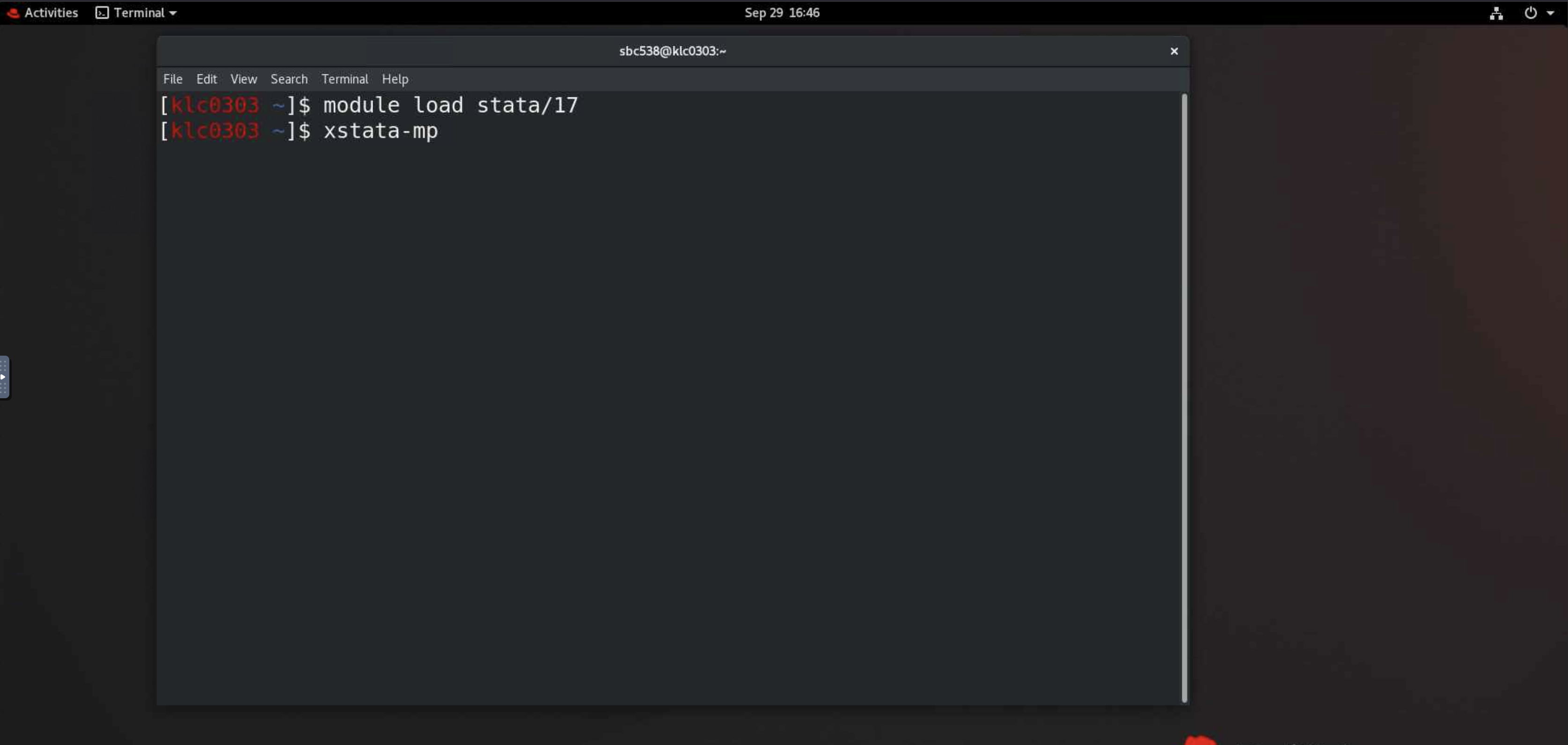 Terminal on the GNOME desktop after loading Stata and starting xstata-mp