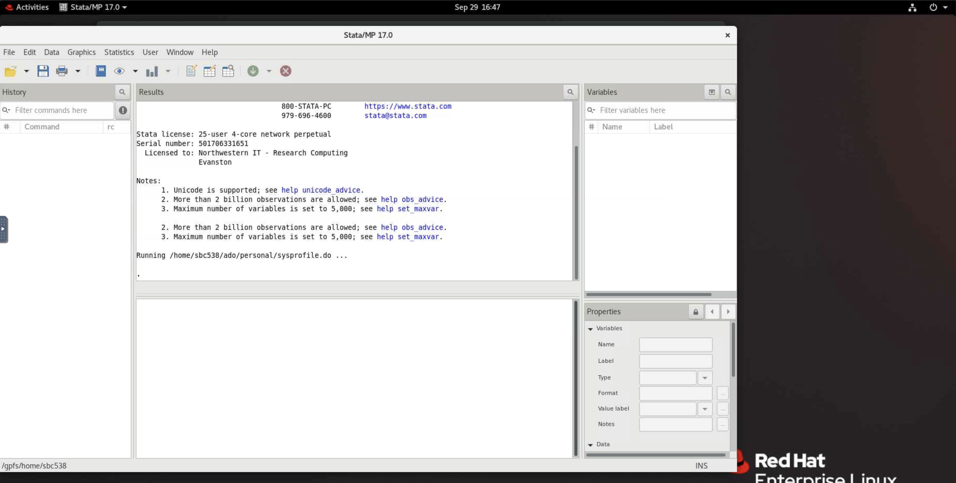 Stata/MP 17.0 window on the GNOME desktop